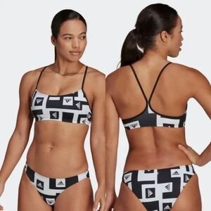 Adidas Bikini Set Black White Geometric Logo Print Sporty Swimsuit Womens Large